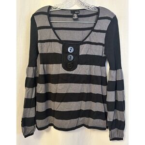 VTG Y2K 00s Long Sleeve Scoop Neck Black Gray Striped Sweater L Babydoll